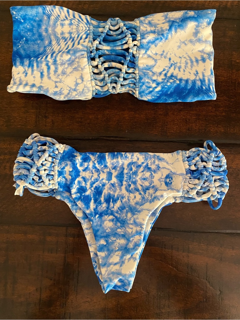 Mikoh Blue and White Tie-Dye Macramé One-Piece Swim Bodysuit